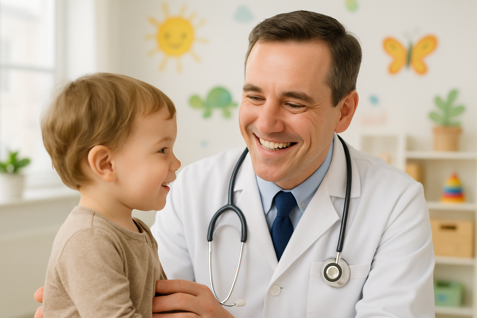 a white pediatric doctor with a child